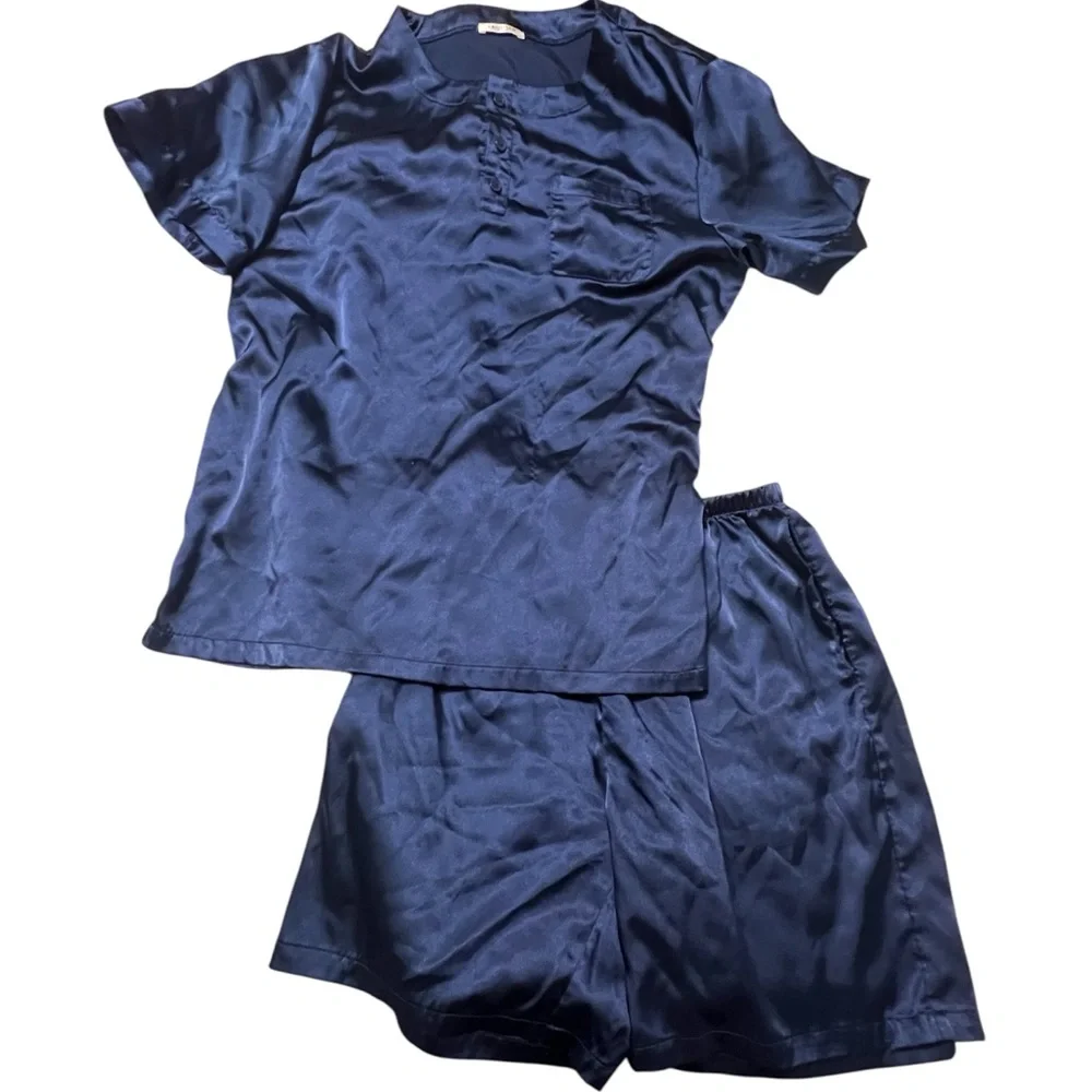 Men's EKOUAER Navy Blue Satin Pajama Set S